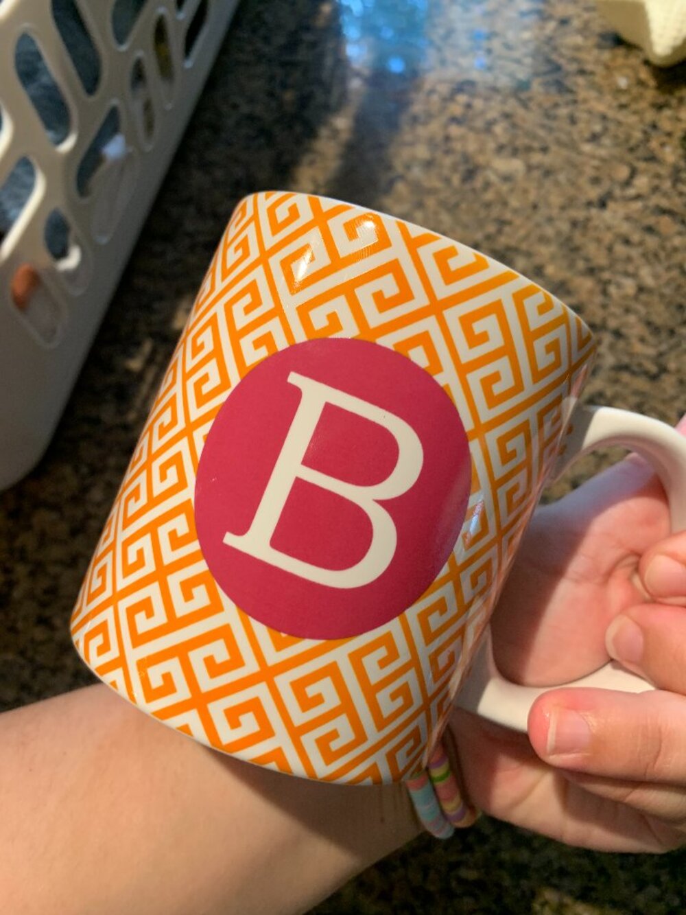 TRS Pink & Orange Monogram Mug "B" Letter Initial Greek Key Detail